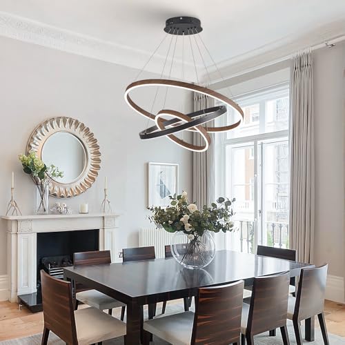 LED 3 Ring Chandelier Dining Room Modern Black Walnut Chandeliers Dimmable
