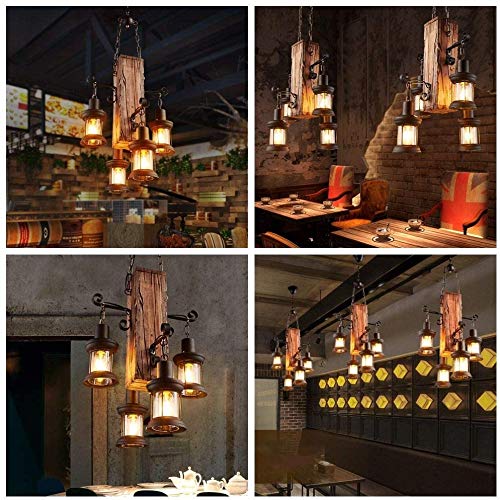 Wood Retro Pendant Lighting Industrial Vintage Chandelier Black Metal Bedroom Restaurant Suspension Lamp Cage Frame with Glass Shade House Loft Bar Coffee Decoration Ceiling Lights Fitting