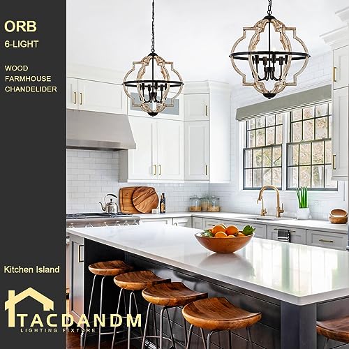 6 Light Farmhouse Chandelier for Dining Room Wood Pendant Lighting
