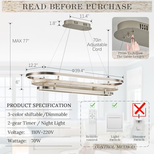 3 Ring LED Chandelier Modern Chandelier Weathered Wood Nickel Dimmable 39''