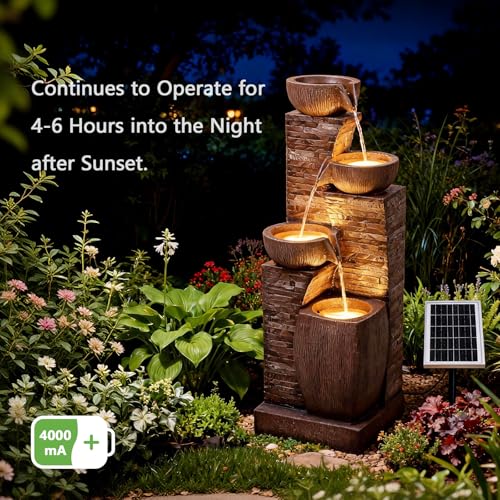 Solar Water Fountain Outdoor Garden 4 Tiers Stone Texture Modern Fountains