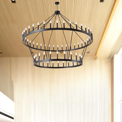 Rustic Farmhouse Wagon Wheel Chandelier Black Large Chandeliers for High Ceilings 2 Tier 64Lights 70 Inch for Dining Room Living Room Foyer Porch Kitchen Island