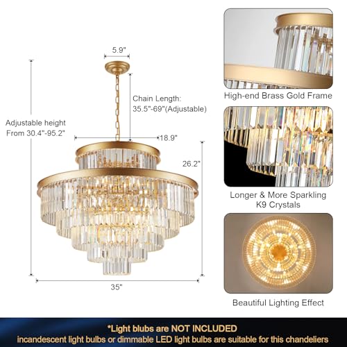 6 Tier Large Gold Crystal Chandeliers 35" Modern Luxury Foyer Chandeliers