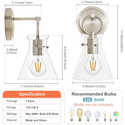 Wall Sconce for Bathroom 6" Clear Glass Shade Nickel 1 Pack