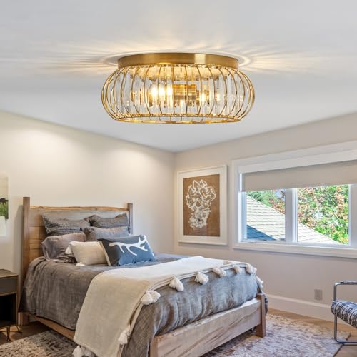 Crystal Flush Mount Ceiling Light Fixtures Modern Gold Ceiling Light 3 Light Ceiling Chandelier for Hallway Bedroom Bathroom Foyer Living Room Dining Room Kitchen