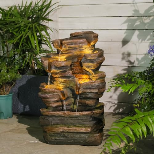 6 Tier Cascading Outdoor Water Fountain 24.2 in Brown Rock