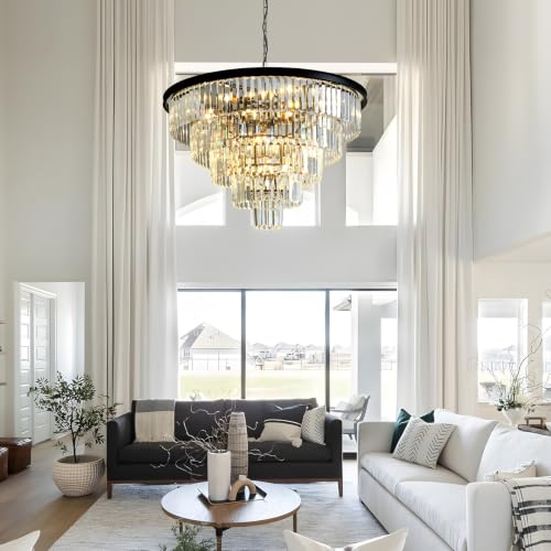 Large Crystal Chandelier 30'' Modern Black Dining Room Light Fixture