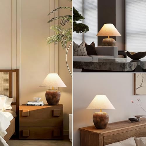 Farmhouse Clay Pot Table Lamps Brown Ceramic Lamps Rustic Fabric Drum Shade Decor Bedside Nightstand for Living Room Bedroom Home Office
