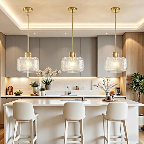 Gold Pendant Lights Kitchen Island with 9.84in Hammered Glass Shade 1Pack