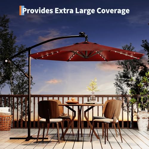 10FT Solar Lights Offset Patio Umbrella with Cross Base