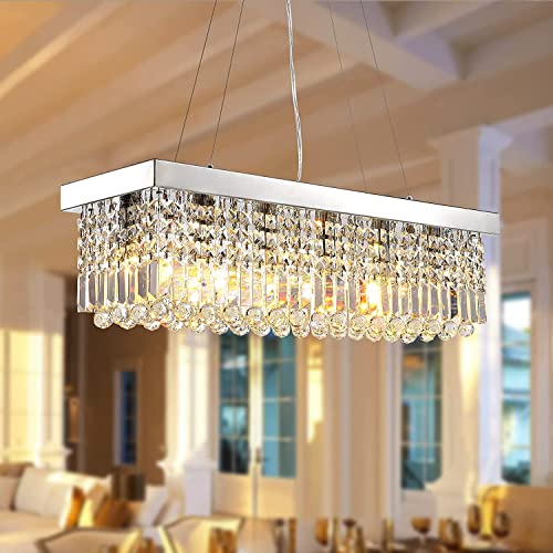 6-Light Modern Crystal Chandelier for Dining Room, Rectangular K9 Crystal Raindrop Chandelier, Rectangle Pendant Ceiling Light Fixture for Living Room Kitchen Island L31.5'' x W10'' x H10''