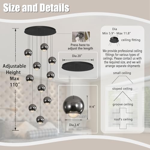 10 Light LED Staircase Black Chandelier Crystal Ceiling Lights Large Chandeliers for High Ceilings