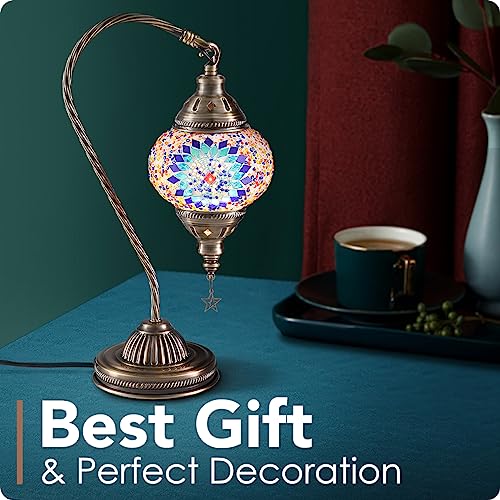 Turkish Moroccan Lamp with Bronze Base 3 Color Options Handmade Swan Neck Mosaic Glass Bedside Lamps for Bedroom