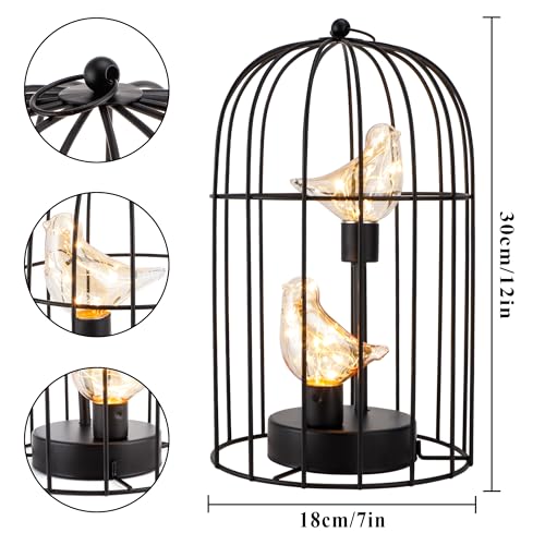 Birdcage Decorative Lamp Battery Operated 12" H Cordless Table Lamp with Warm White Fairy Lights Bird Bulb for Indoor Bedroom Living Room Home Wedding Xmas