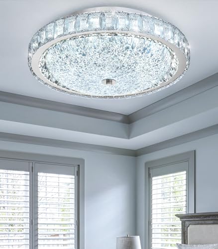 15.7" Modern Crystal Chandelier Dimmable LED Flush Mount Ceiling Light with Remote Control for Living Room Dining Room Bedroom Hallway Foyer Silver
