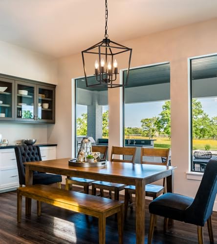 UL Listed Black Industrial 4 Light Lantern Chandelier Ceiling Light Fixtures Farmhouse Metal Cage Rustic Geometric Pendant Light for Kitchen Island Entryway Dining Room Stairs and Hallway