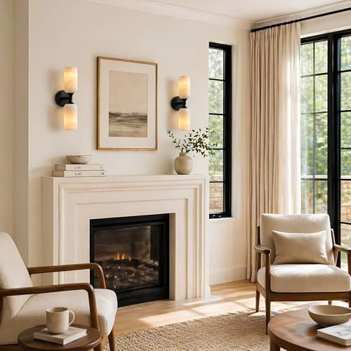 Natural Alabaster Wall Sconce 15in Marble Bathroom Vanity Sconce Black E26