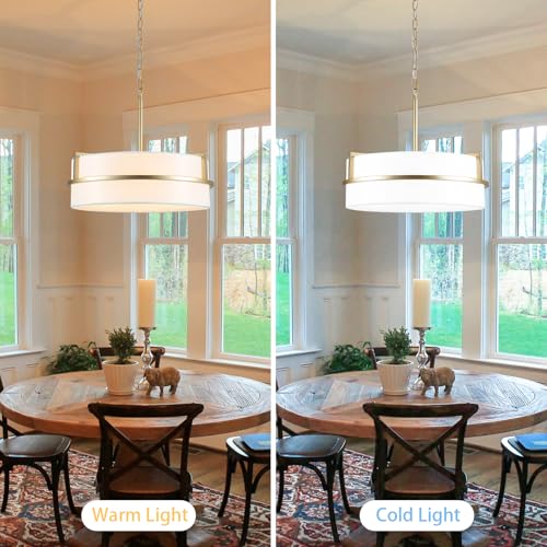 19.7" Modern Drum Pendant Light Gold Chandeliers with White Linen Shade