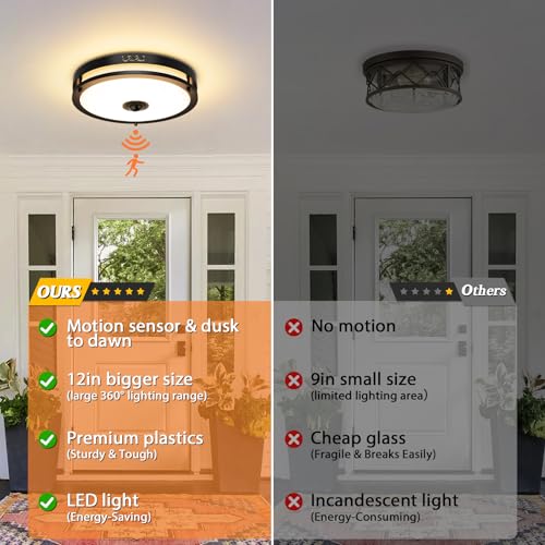 12" LED Motion Sensor Outdoor Ceiling Light Porch Lamp