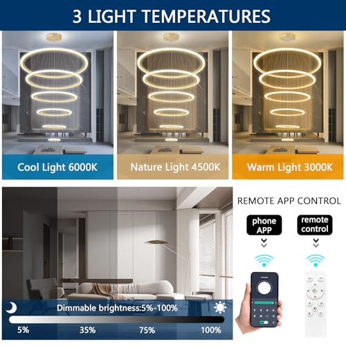 Modern LED Dimmable Chandelier 6 Ring High Ceiling Large Chandelier for Living Room Hanging Light Fixture for Foyer Staircase Gold