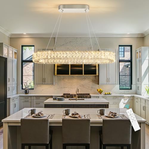 Modern Crystal LED Chandelier Dimmable Oval Chandeliers Rectangular Dining Room Light Fixture with Remote for Living Room Kitchen Island Silver