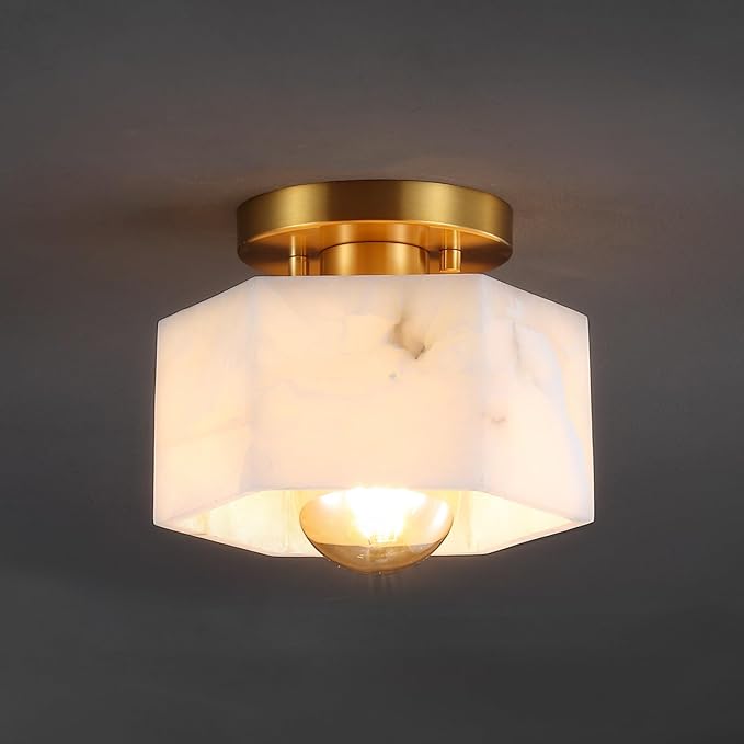 JONATHAN Y 8" Brass Gold Modern 1-Light Hexagonal LED Semi Flush Mount Ceiling Light, White Alabaster Marble Shade, Glam Lamp for Hallway, Bedroom, Bathroom, LED Bulb Included JYL1204A