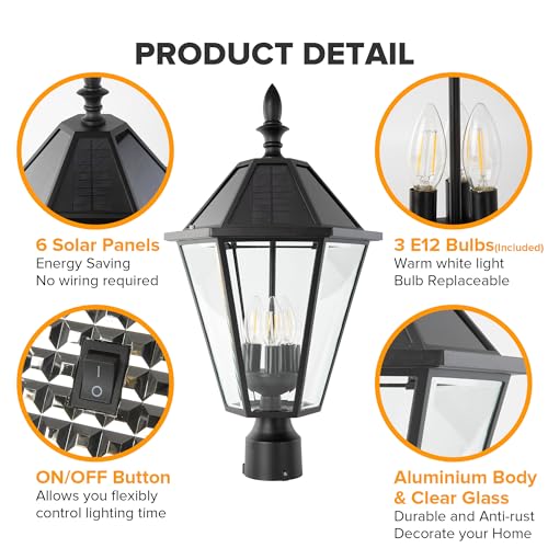 12513LE4-SL-Head LED Post Solar Light Outdoor, Dusk to Dawn Vintage Street Lights for Lawn Patio Yard Pathway Garden Mount (Base Not Included)