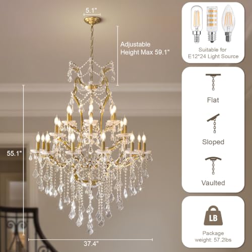 24 Lights Large Crystal Chandelier for High Ceilings