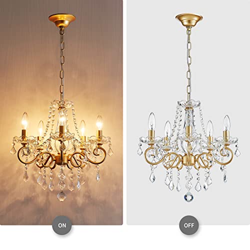 Mini Crystal Chandelier K9 Crystal Gold Chandelier for Living Room Bedroom Dining Room Kitchen Island Entryway 5 E12 Bulbs High 16.5 in x Diameter 16.9 in