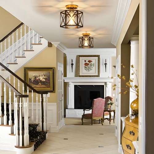 Black and Gold Modern Farmhouse Metal Semi Flush Mount Ceiling Light 9.5 in