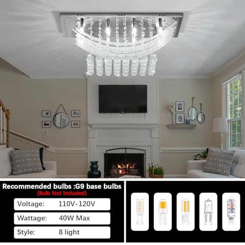 Crystal Chandelier Modern Chandelier Flush Mount Chandelier Silver Rectangle Crystal Raindrop Chandelier 8 Lights Ceiling Light Fixture Pendant Lamp for Kitchen Island Dining Room Closet Wedding Decor