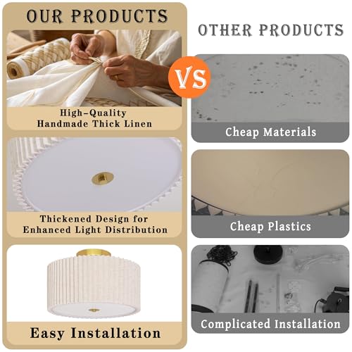 3 Light Semi Flush Mount Lights Fixture Drum Ceiling Light with Pleated Fabric Shade Gold Semi Flush Mount Ceiling Lights 16 Inch Close to Light Fixtures for Living Room Hallway