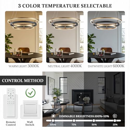 Modern Brass Chandelier for Living Room LED 3 Ring Chandeliers Black Gold