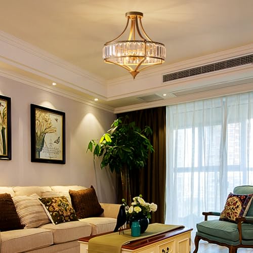 Modern Gold Crystal Chandelier 4 Lights Semi Flush Mount Ceiling Light Fixture E12 Base Farmhouse Mid Century Chandelier for Dining Room Bedroom Hallway Entryway Kitchen