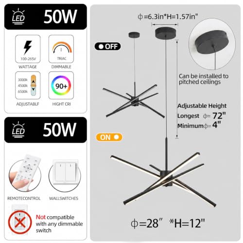 Black 27 inches Modern Sputnik Chandelier 50W LED Chandeliers