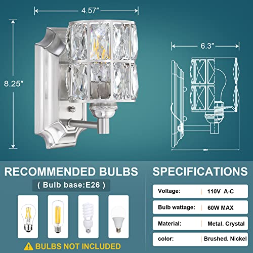Crystal Wall Sconce Brushed Nickel Dry&Wet Dual Use 1 Light 2 Pack (2 Count)