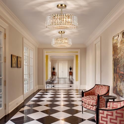 15.8“ Modern Crystal Chandelier Gold Round Semi Flush Mount Ceiling Light Fixture Chandelier for Living Room Dining Room Bedroom Hallway Entryway Kitchen