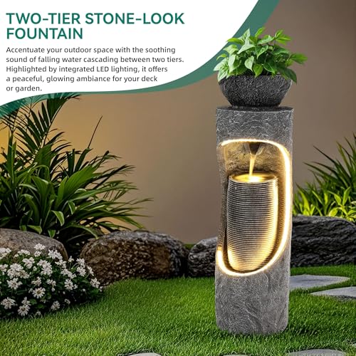 40" Outdoor Water Fountain with Birdfeeder and Innovative LED Strip
