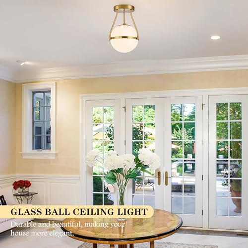 Globe Semi Flush Mount Ceiling Light Mid Century Modern Globe Ceiling Light Fixture with Milk Glass Shade Brass Finish for Living Room Hallway Kitchen Island Dining Room Laundry