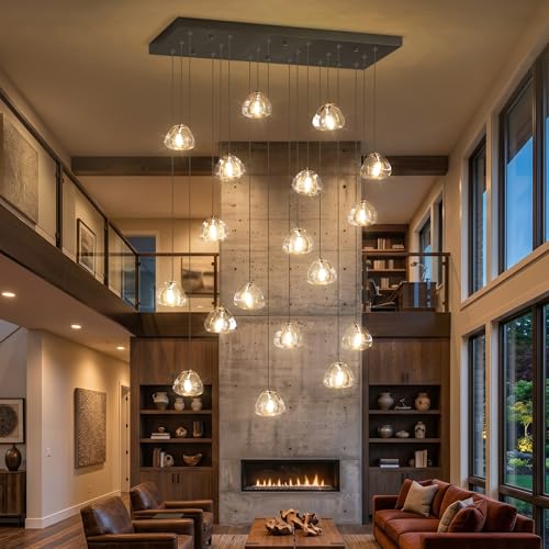 W35 x D11.8 x H118 Rectangular Chandelier Bubble Crystal Balls Glam Chandeliers Dimmable Light High Ceiling Pendants Light Fixtures Adjustable Long Lights Black