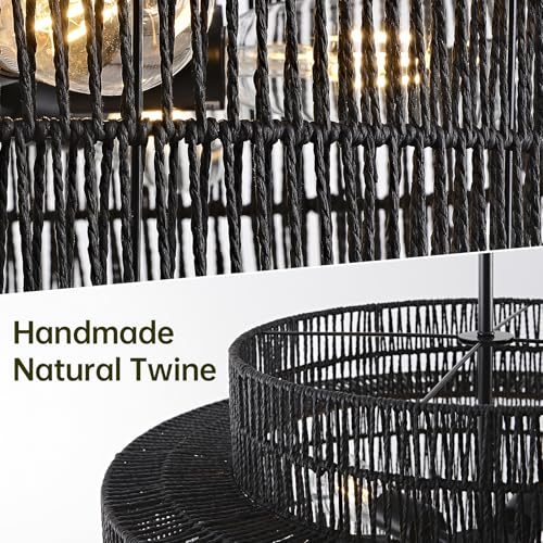 24" Black Rattan Chandelier for Dining Room