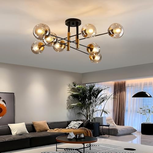 8 Light Sputnik Chandelier with Glass Globe Mid Century Modent Black Gold Ceiling Light Fixture Large Flush Mount Chandelier for Dining Room Bedroom Living Room Kitchen