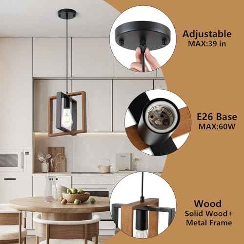 Industrial Small Pendant Lighting, Farmhouse Kitchen Island Hanging Lamp with Cord, Wood+Metal,1 Light E26 Fixture for Dining Room Bedroom Hallway Entryway,9.5 inch