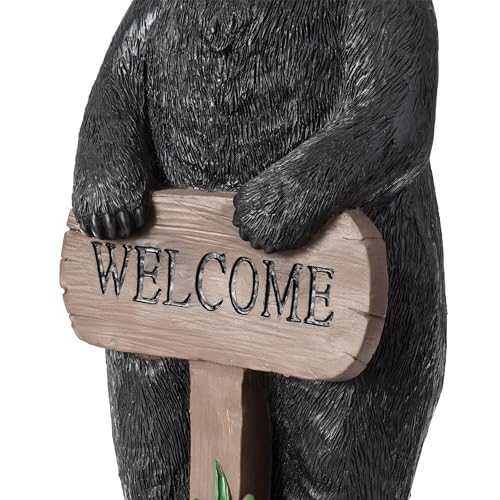 36" Tall Outdoor Standing Black Bear with Welcome Sign Yard Statue Decoration