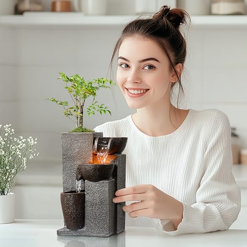 Resin Tabletop Waterfall Fountain with LED Light & Plant Pot