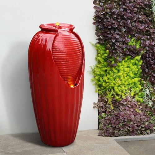 Glazed Vase Floor Freestanding Water Fountain with LED Lights and Pump for Outdoor Patio Backyard Deck Plant Garden Décor
