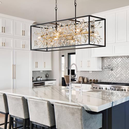 Large Black and Gold Rectangle Crystal Chandelier for Dining Room