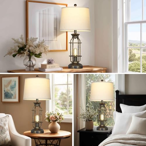 28" Tall Farmhouse Table Lamp with USB C+A Charging Ports & AC Outlet