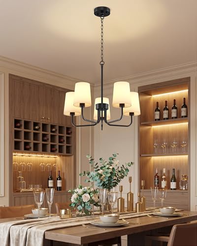 Chandelier, 5-Light Black Farmhouse Chandeliers for Dining Room, Height Adjustable Dining Room Light Fixture with White Fabric Shade, Chandelier for Living Room, Bedroom, Kitchen, Entryway