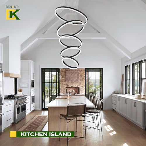 5 Rings Modern LED Chandelier Black High Ceiling Chandelier with Remote Control Dimmable Pendant Lighting for Dining Room Foyer Living Room Entryway Staircase